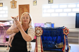 Vivienne Kennett president of the Cairns Cat Club and her sphynx cat at the cat show