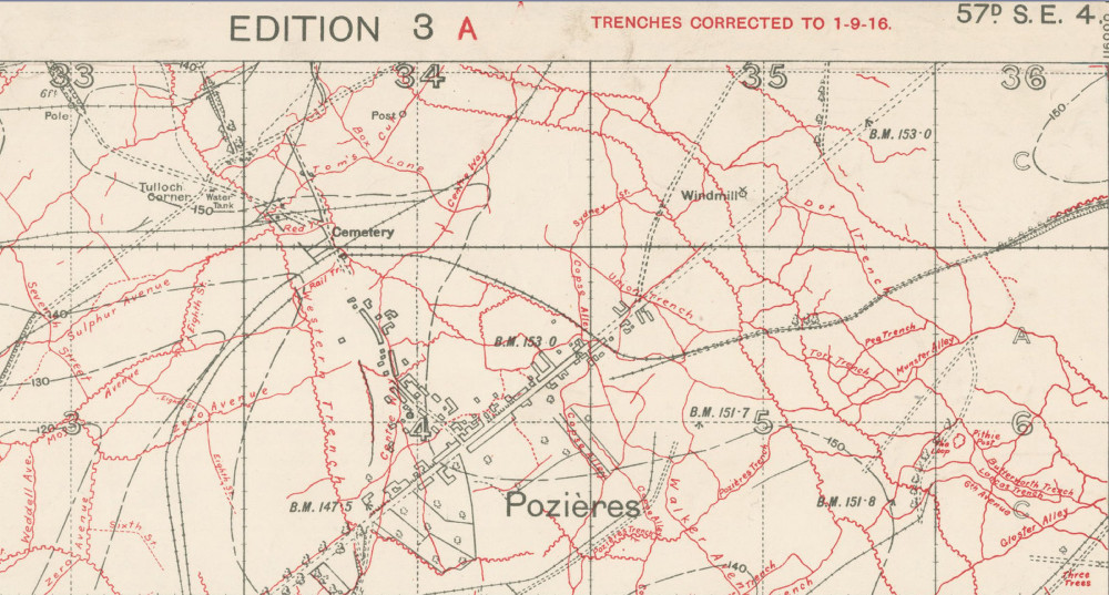 Map of Pozieres region showing trenches, c. 1916, courtesy National Library of Scotland.