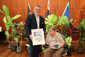 Douglas Shire Council Mayor Michael Kerr and Volunteer of the Year Award winner Gail Cockburn