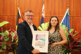 Douglas Shire Council Mayor Michael Kerr and Arts and Cultural Award winner Emily Oorthuysen