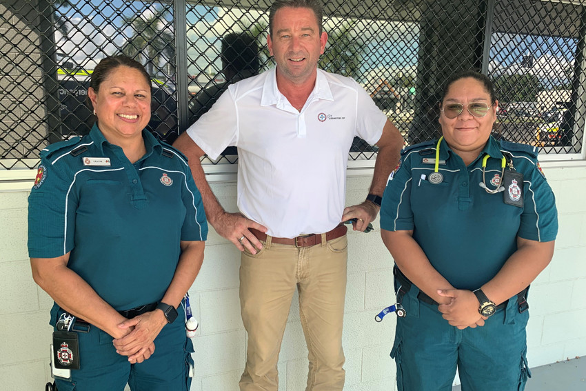 New Ambulance Technicians Leanne Gray and Isadora Yeatman with Minister for Minister for Aboriginal and Torres Strait Islander Partnerships Craig Crawford