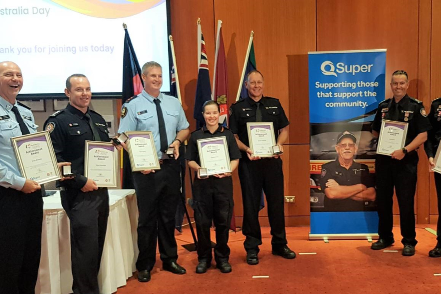 Fire and Emergency Services award recipients Peter Rinaudo, Clint L’Estrange, Matthew Currey, Suzanne Cray, Andrew Petrack, Jason Ryan and Bradley Fleming. Absent from photo: Scott Templeton.