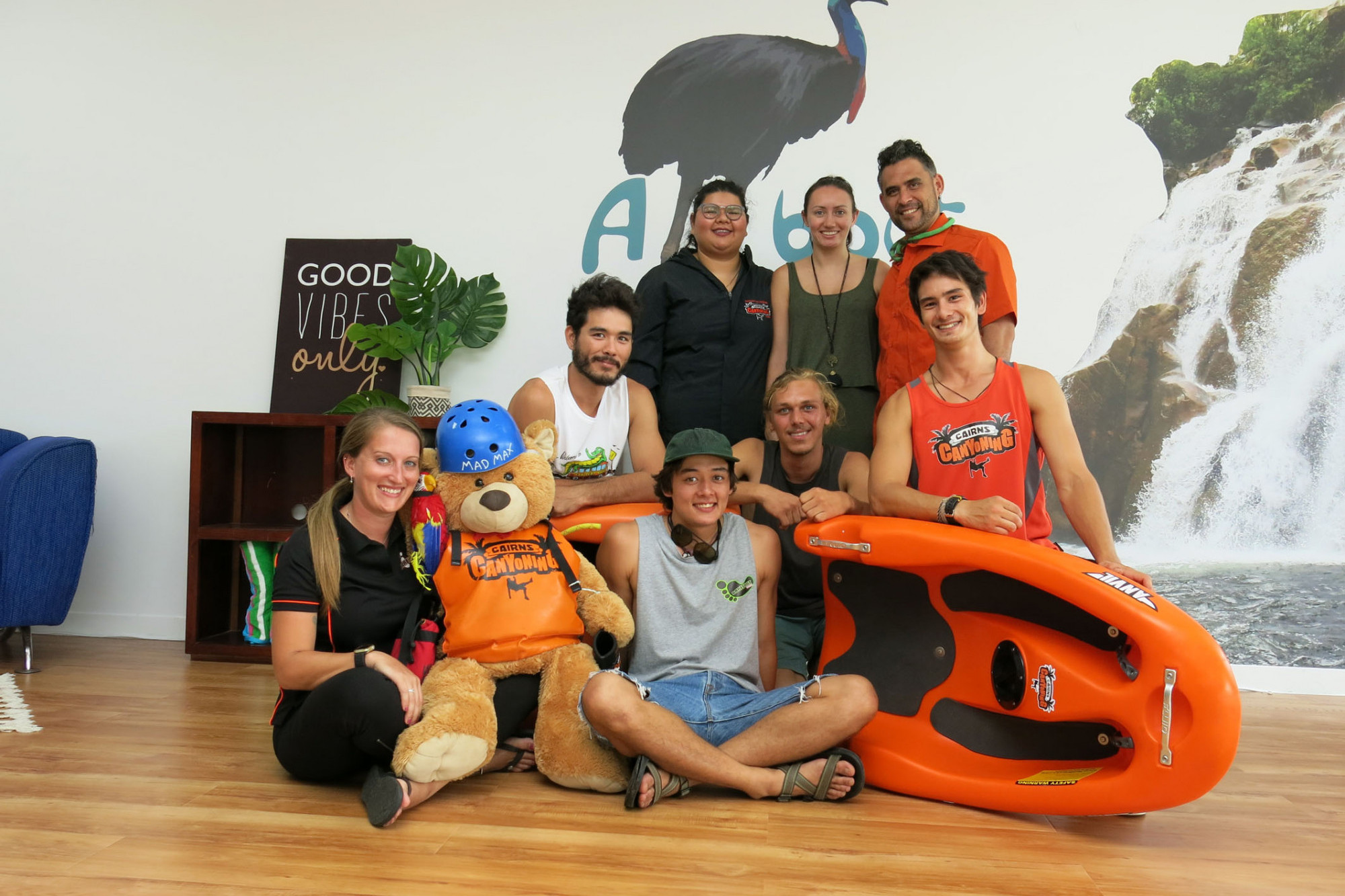 Staff from Barefoot Tours and Cairns Canyoning are excited about joining forces with other tour operators at Allbout Cairns. (Standing) Adriarna Smith, Chelsea Handley, Bazz Goes and (front) Amanda Kenney, Dom Godwin, Kye Berry, Cameron Oostra and Keanu Otake-Hunt