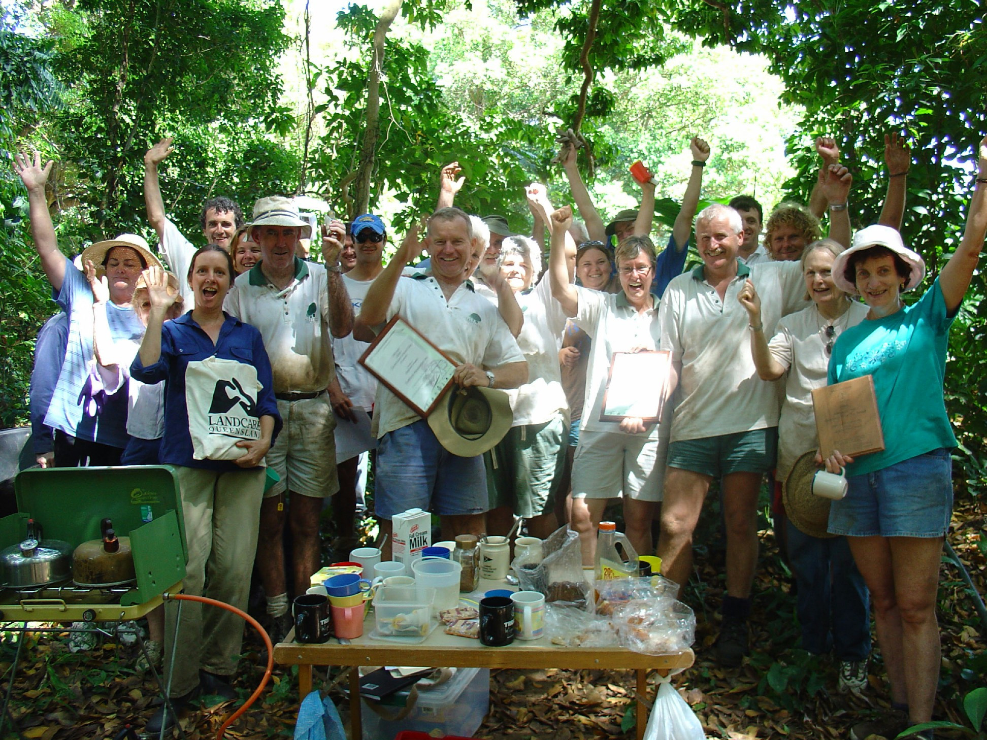 Treeforce volunteers in early 2000s including: Front row, from left, with Landcare bag, coordinator Lisa O’Mara; Paul Reilly; former vice-president Lee Crawford; former vice-president Suzanne Tree; Lesley Clark; former president Rob Campbell; former treasurer Ann Mohun; late Betty Nielsen.