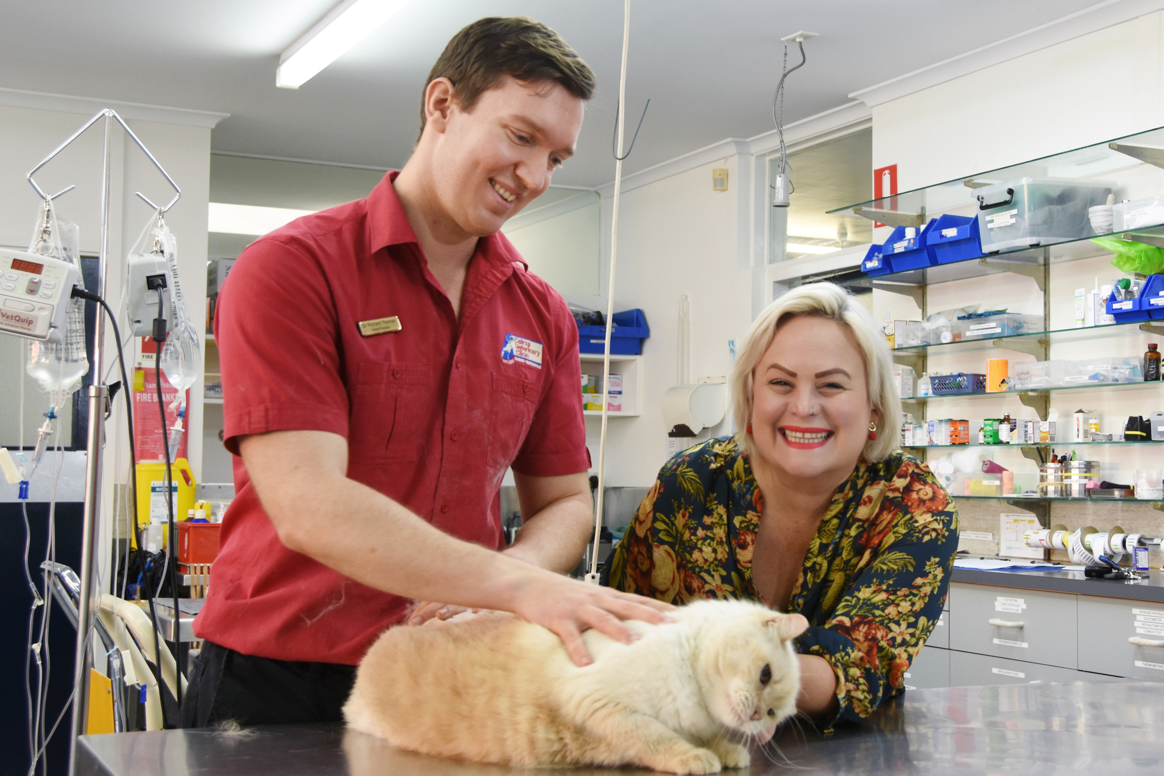 Dr Richard Thomas from Cairns Veterinary Clinic and Division 6 Councillor Kristy Vallely with Kang, promoting the $30 cat desexing and microchipping program.