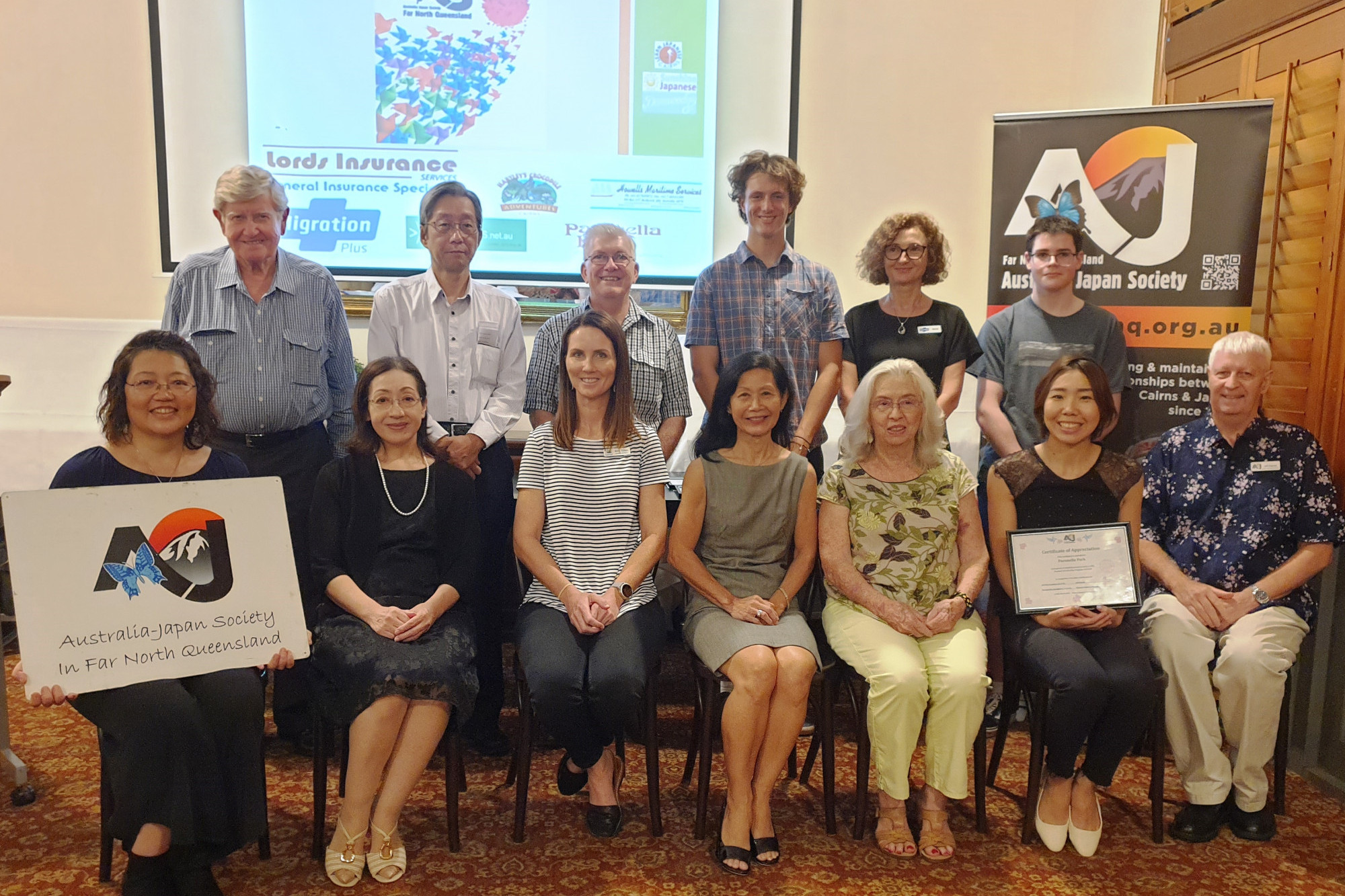 Nick von Dietze and Zachary Downey, who received scholarships to travel to Japan (back row, fourth and sixth from left) with ASJ members and sponsors