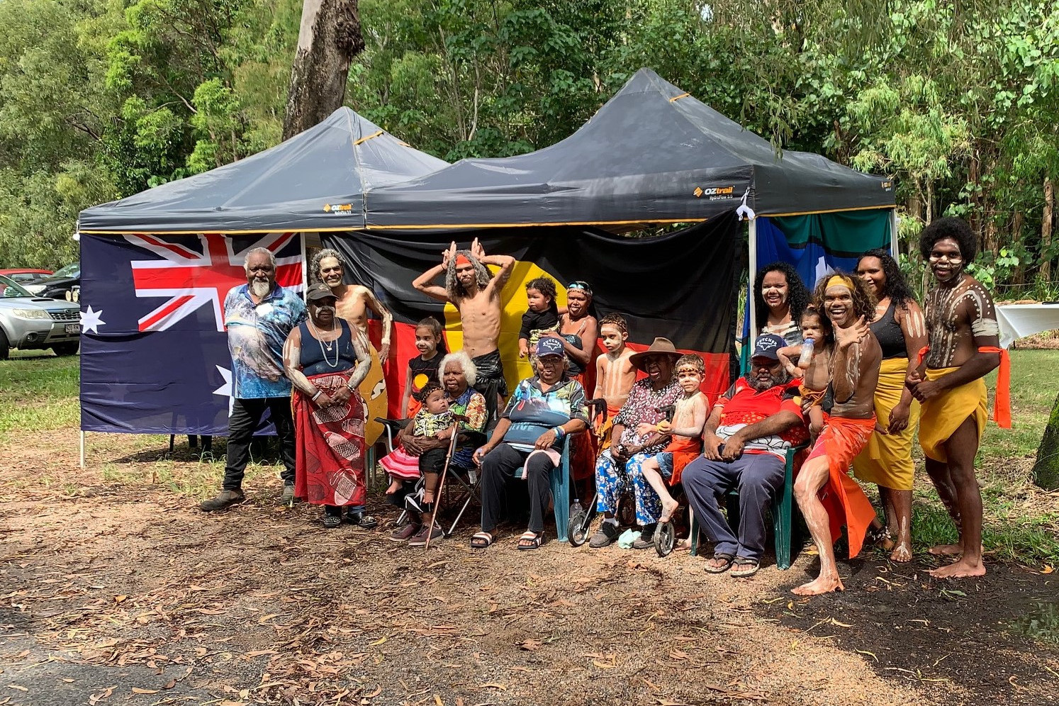 Gulngay Kinjufile Aboriginal Corporation Director Clarence Kinjun (left) with Gulngay elders, family representatives and dancers.