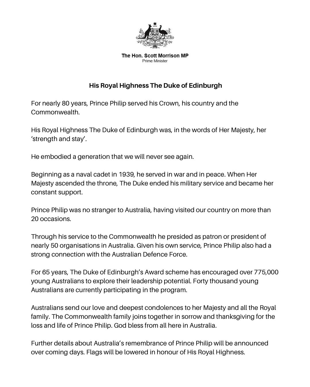 The announcement from Australian Prime Minister Scott Morrison