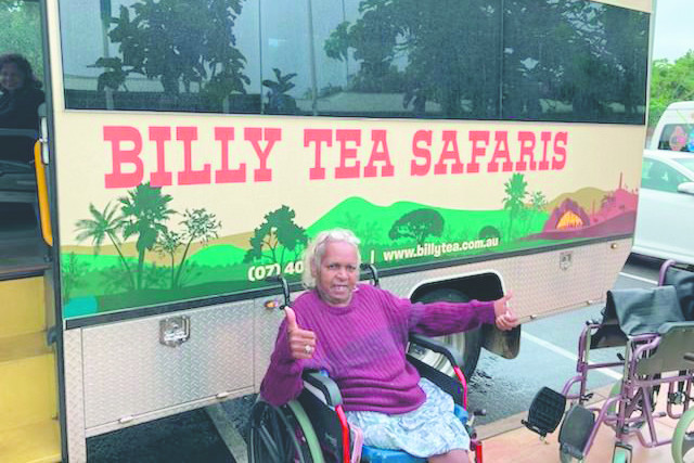 Yarrabah dialysis patient Mina Andrews gets ready to board the Billy Tea Safaris 4WD bound for Edmonton