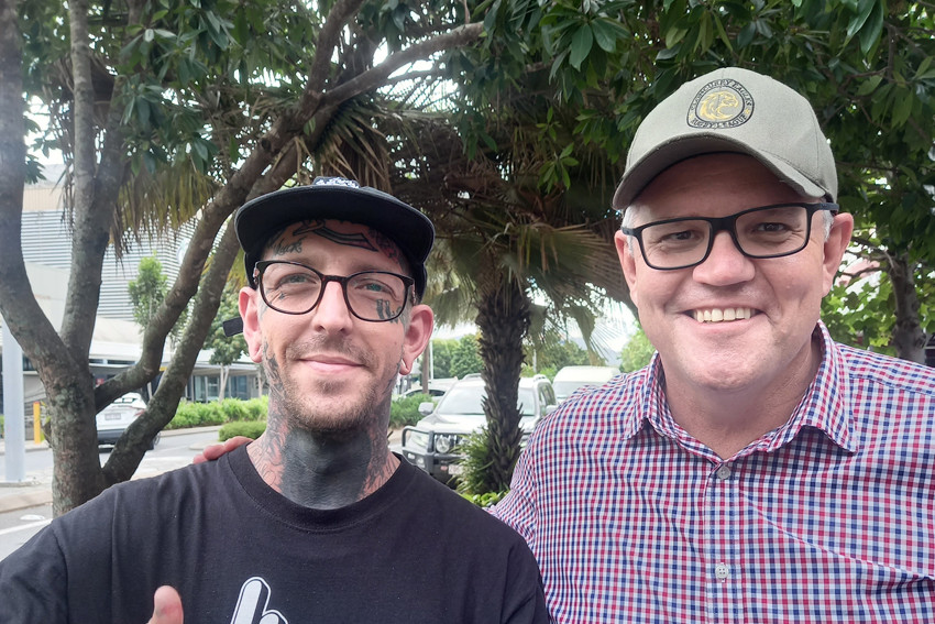 Nate from Cairns City Tattoo asked for a selfie from Prime Minister Scott Morrison during Tuesday’s visit. PHOTO: Craig Mac