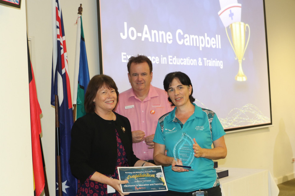 CHHHS Nurse of the Year, Jo-Anne Campbell being presented with her award by Debra Cutler and Tony Williamson