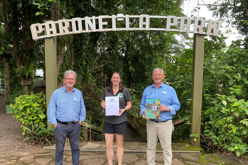 Mayor Mark Nolan and Councillor Jeff Baines with Katharine Aquilina from Paronella Park who have achieved Advanced Ecotourism Certification.
