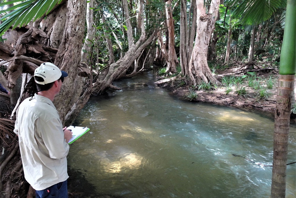Catchment Solutions’ Matt Moore assessing the area below a potential fish barrier in Waterfall Creek.