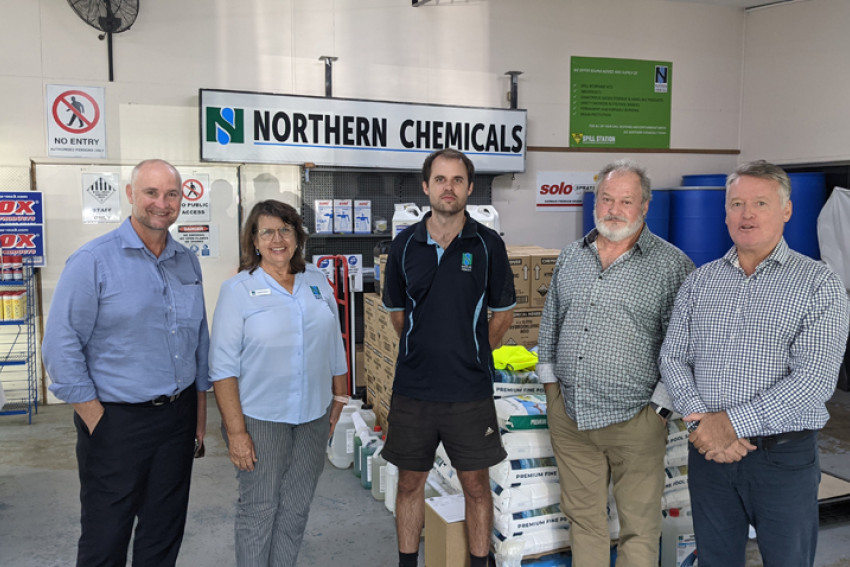 Northern Chemicals owners Sue, Byron and Barry Cooper with Minister Butcher (left) and Michael Healy (right). Atherton Metaland owners Murray and Tracy Lammert with Minister Butcher.