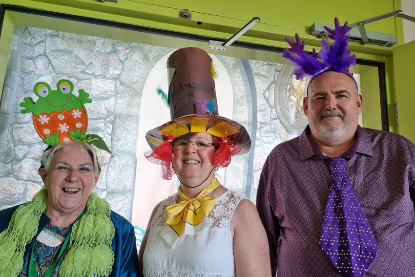Reverend Khani Hawthorne, Diane Harris and Ed Vignes attended a ‘Mad Hatter’ high tea at Tropics Restaurant at TAFE Cairns,
