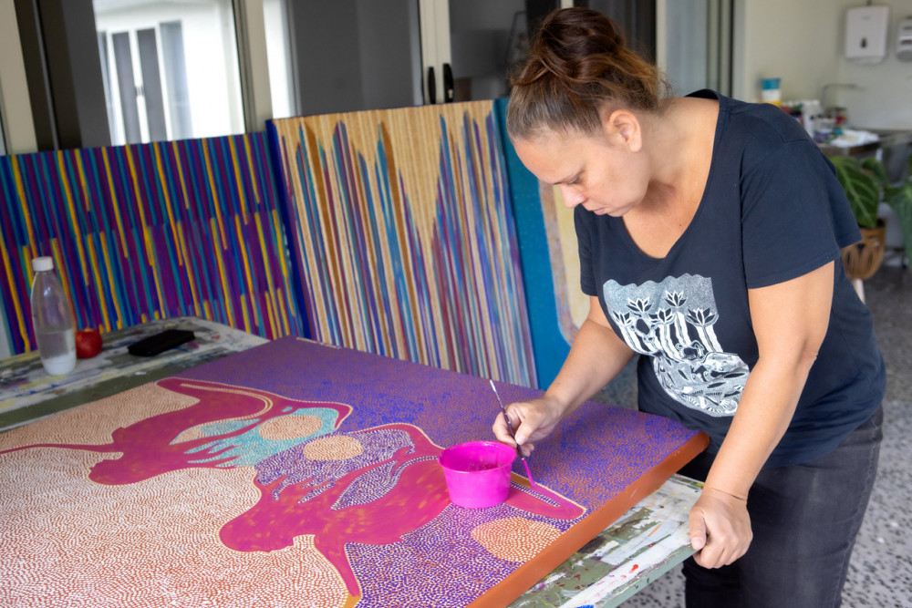 Lisa Michl Ko-manggén OAM at work in her Cairns studio producing eight spectacular works celebrating family and Kokoberrin ancestry ahead of this year’s Cairns Indigenous Art Fair that will be held next month. These and all photographs by Colyn Huber, Lovegreen