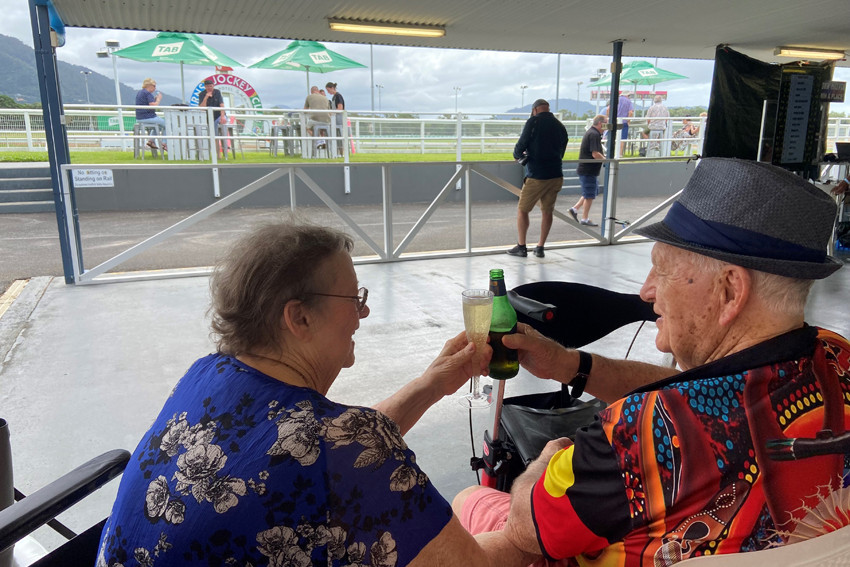 A toast to fun! Bolton Clarke Farnorha aged care residents Ray Anderson and Lola Nolan enjoyed being trackside this week at the Cairns races.