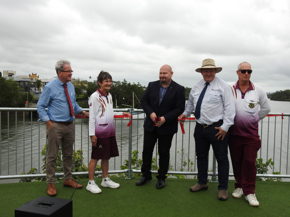The opening ceremony ribbon cutting with bowls club members Diana O’Brian and Alf Strano, Cassowary Coast Regional Council Mayor Mark Nolan, Shane Knuth MP and the Honourable Curtis Pitt.