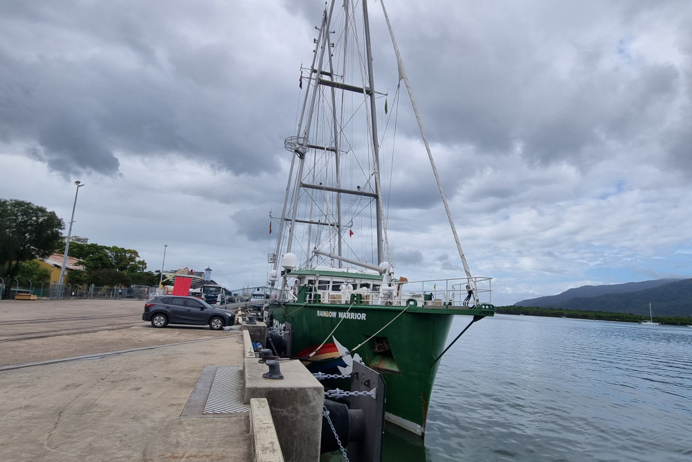 Greenpeace’s famous Rainbow Warrior at Trinity Wharf in Cairns is preparing for a nine-day journey to Vanuatu next week. Picture: Isaac Colman