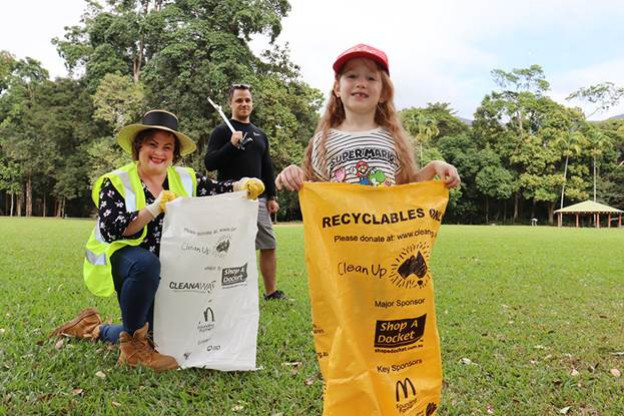 Division 6 Councillor Kristy Vallely with Collins Pendleton, 5, and Parley for the Oceans director Christian Miller, promoting the Great Northern Clean Up, which starts on Saturday at Glenoma Park, Brinsmead.