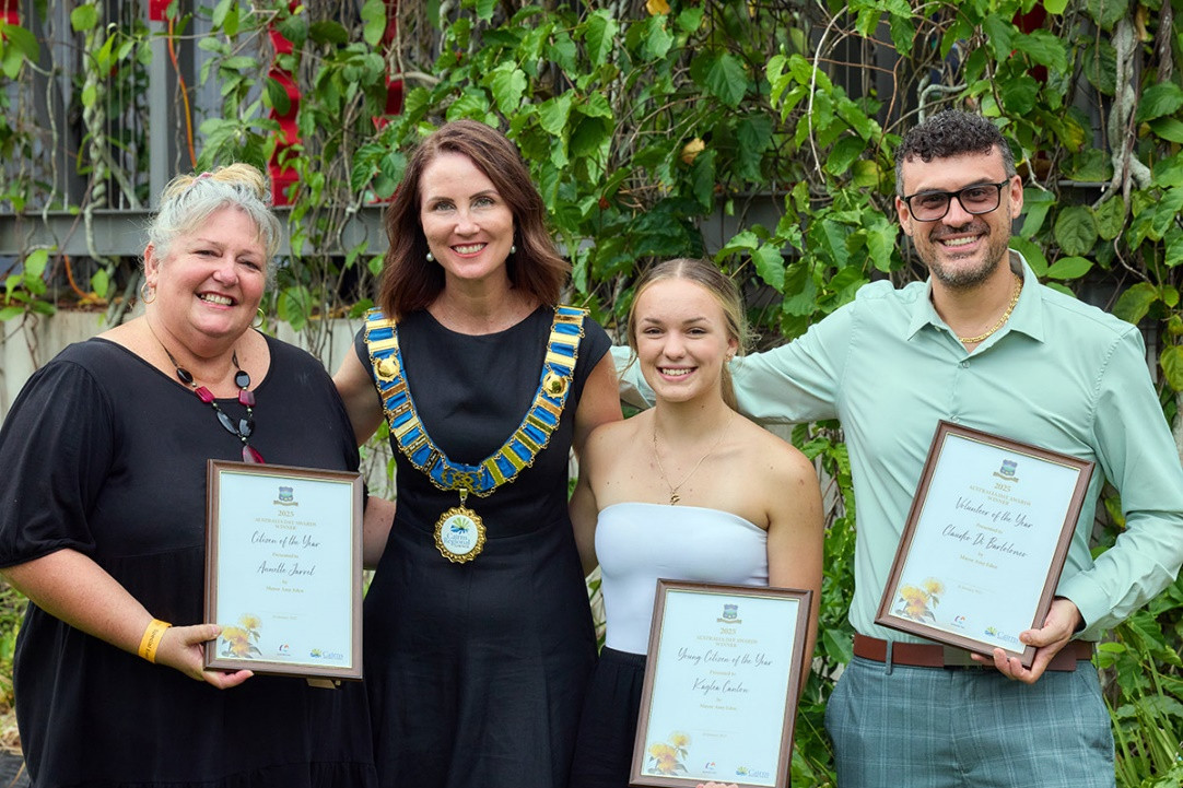 The 2025 Australia Day Award recipients (from left) Annette Jarrett (Citizen of the Year), Kaylea Canton (Young Citizen of the Year), and Claudio Di Bartolomeo (Volunteer of the Year) celebrated their achievements with Mayor Amy Eden earlier this year. Picture: Cairns Regional Council
