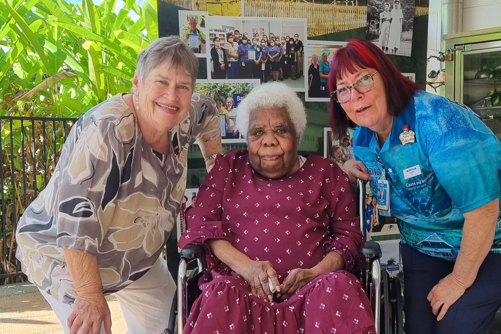 Former director of nursing Helen May, resident Aunty Annie Wonga and longest serving employee nurse Colleen Martinod. Picture: Nick Dalton