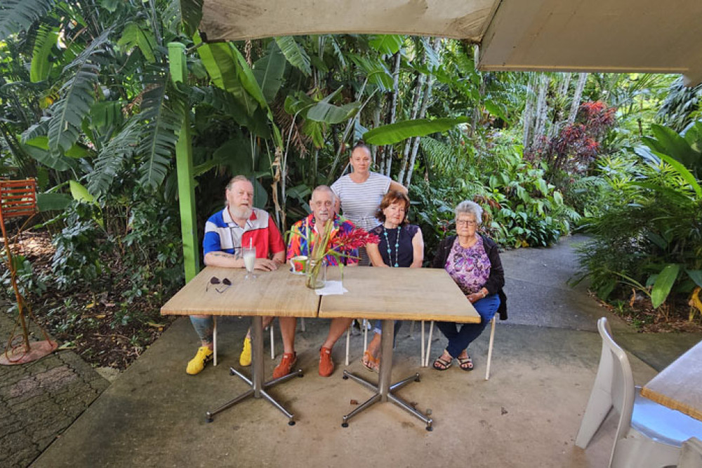 Botanic Gardens Restaurant and Cafe owner Kimmy Timms (at rear) with regular customers (from left) Mick Furness, Cliff Harrison, Friedel Jaschok and Heather Powers. Picture: Nick Dalton