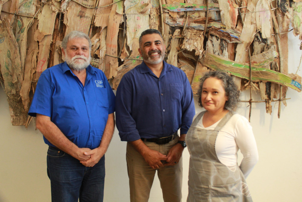 CIAF general manager Darrell Harris, ambassador for First Nations people Justin Mohamed and CIAF artistic director Francoise Lane at CIAF HQ, in the School of the Arts Building. Picture: Isabella Guzman Gonzalez