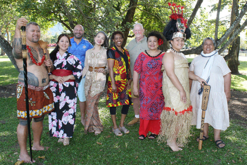 Division 7 Councillor Max O’Halloran with members of some of the cultural groups who will be part of the multicultural event at Harald Falge Park. Pictured (from left) Seiiuli Sinapati Laumatia (Samoa), Kumiko Millward (Japan), AJ Tofilau (Fiji), Ira Pangestu (Indonesia), Anna Jones (Africa), Cr Max O’Halloran, Sala’ Leva ai Rea (from Centacare), and Evaniay Laumatia and Tagi Suavai (Samoa