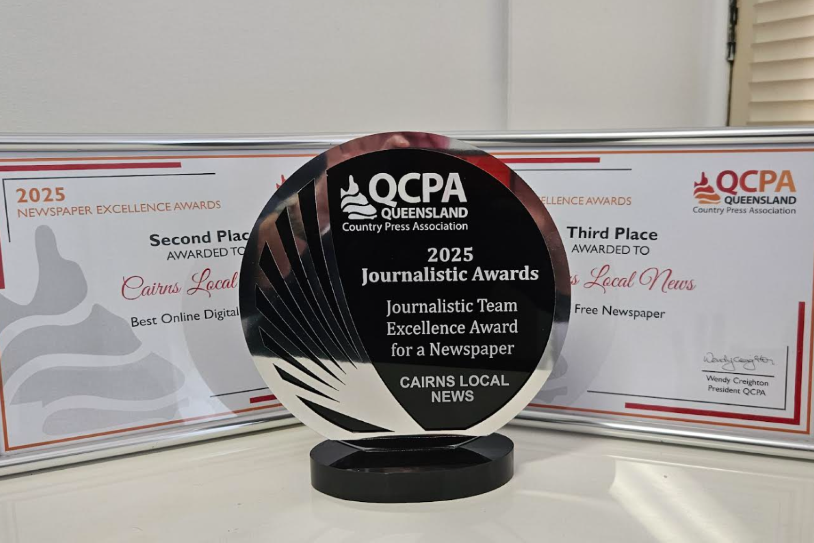 Cairns Local News was judged the 2025 'journalistic team excellence award for a newspaper' at the Queensland Country Press Association awards, second for best online newspaper and third best newspaper in Queensland.