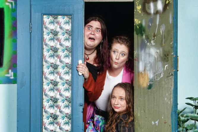 (L-R) Girl in Tan Boots cast members Amber Grossman as Katie, Lillie McNamara as Lucy and Meg King as Mandy