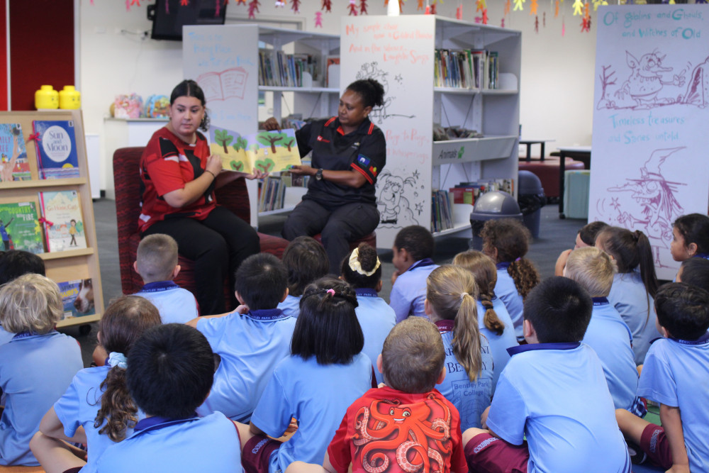 Vikki Sambo and Tashiana Sambo, presenting to Yr 1 at Bentley Park College
