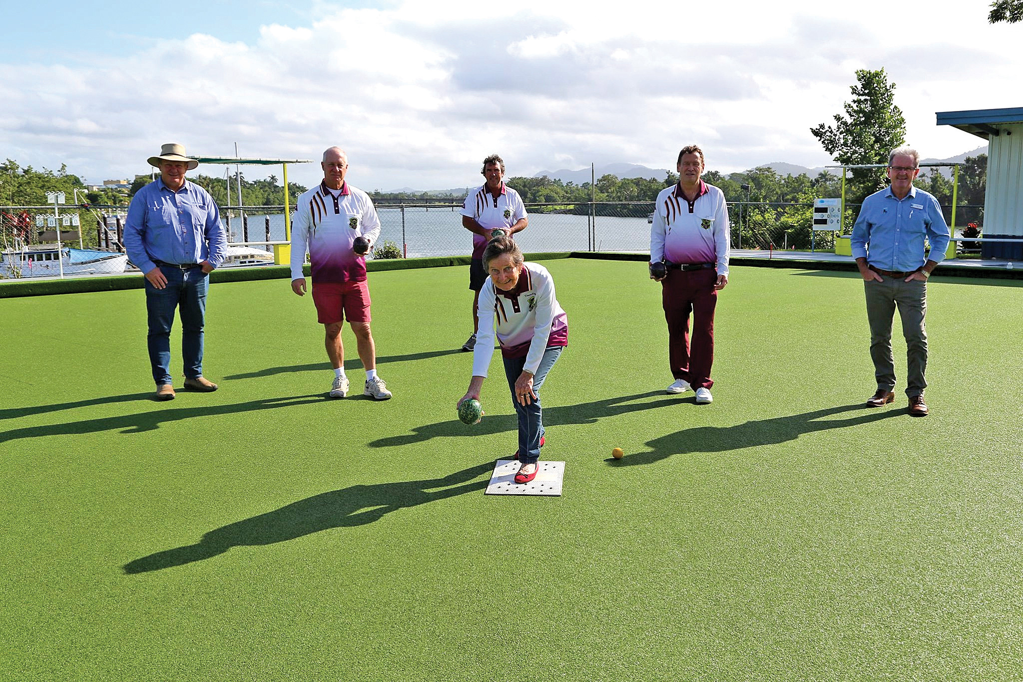 Member for Hill, Shgane Knuth, Innisfail Bowls Club president Alf Strano, providore Steve Howe, secretary Gordon Goes, Mayor Mark Nolan and (in front) vice president Diana O’Brien.