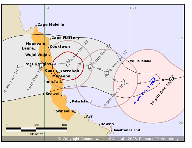 Cyclone Jasper track map as at 5am on Monday December 11, 2023.