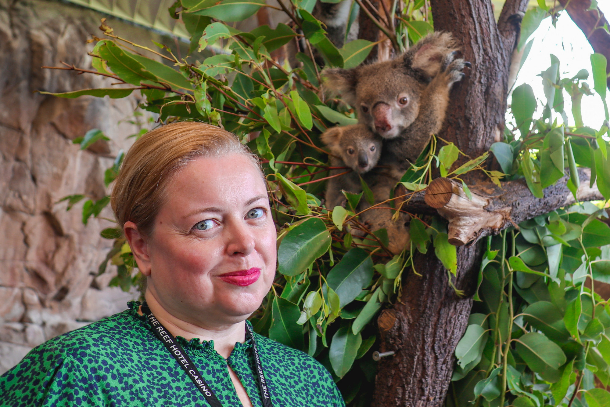 Pullman Reef Hotel Casino Director of Sales Louise Matthews with Nellie the mother koala and "Lulu" the baby koala who was named after her.