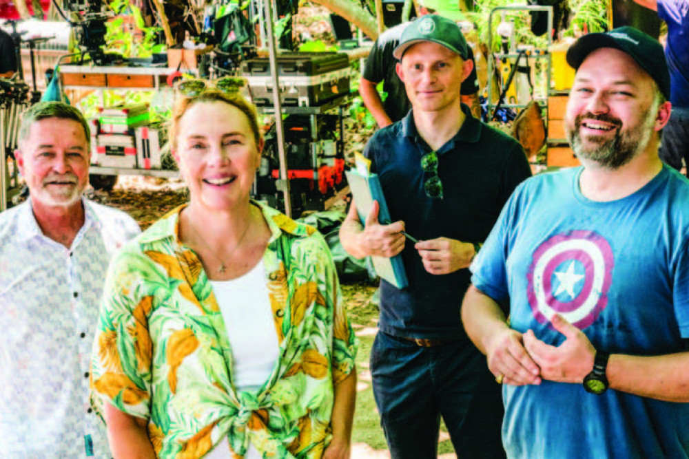 Image Supplied: On location in Mission Beach: ‘Irreverent’ Producer Tom Hoffie, Screen QLD CEO Kylie Munnich, Series Showrunner/Creator/ Writer Paddy Macrae & Screen QLD Head of Studios Derek Hall