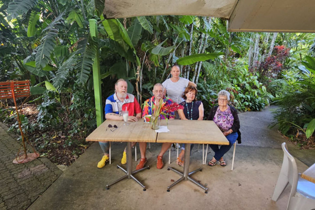 Botanic Gardens Restaurant and Cafe owner Kimmy Timms (at rear) with regular customers (from left) Mick Furness, Cliff Harrison, Friedel Jaschok and Heather Powers. Picture: Nick Dalton