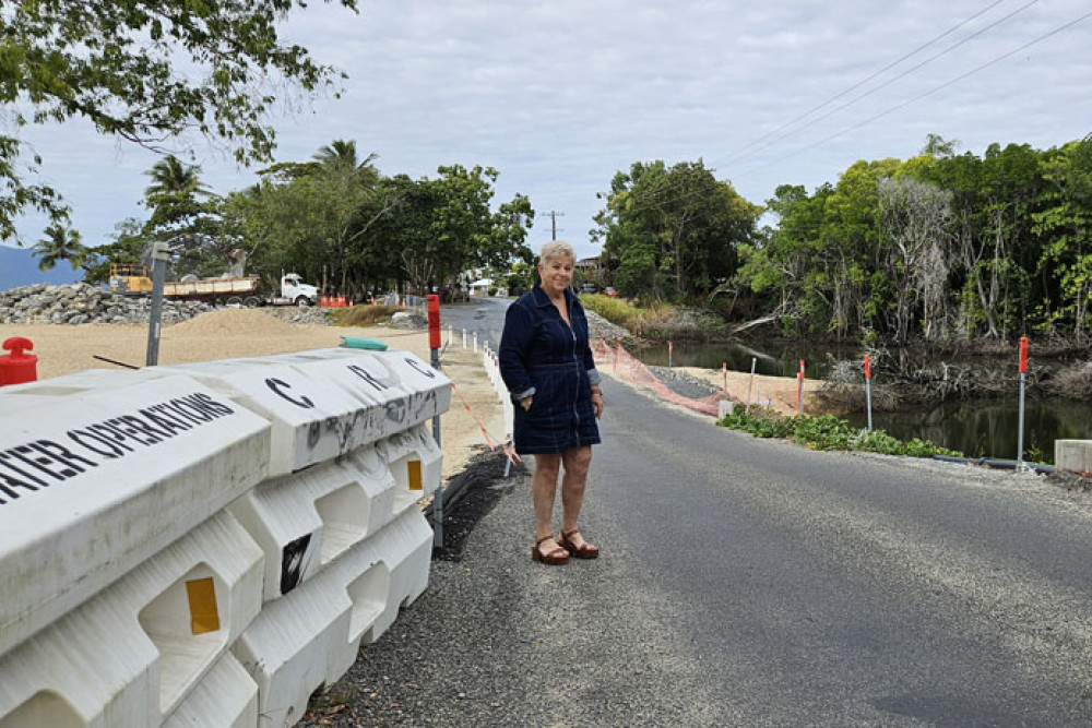 Cr Rhonda Coghlan is pleased that the council will soon start building a new bridge at Casuarina St, Holloways Beach, to replace a temporary causeway. Picture: Nick Dalton