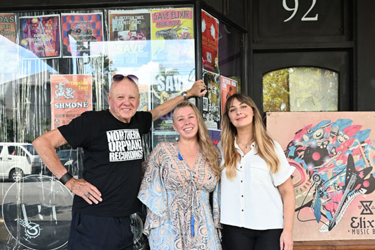 Elixir Music House founders Bill Shields, and Sky Rixon and marketing assistant and local musician Bryony Drake are trying to save the Abbott St venue. Picture: Isabella Guzman Gonzalez