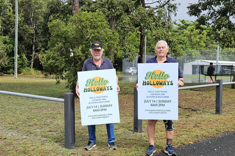 John ‘Gus’ Kelly (left) and Steve Habel of the Holloways Beach Men’s Club are inviting the community to ‘Hello Holloways’ on Sunday from 8am. Picture: Nick Dalton