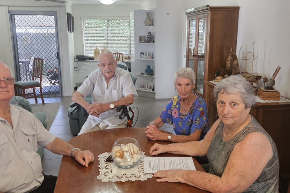 Oak Tree Retirement Village residents (left) Alan Holzheimer, Captain John Larsen, Margaret Richards and Judy Holzheimer who are fighting an 800 per cent rates increase. Picture: Nick Dalton