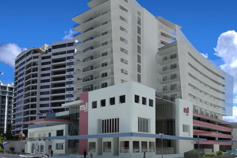 An artist’s impression of the two towers rising above the Cairns RSL Club on the Cairns Esplanade. Picture: CA Architects