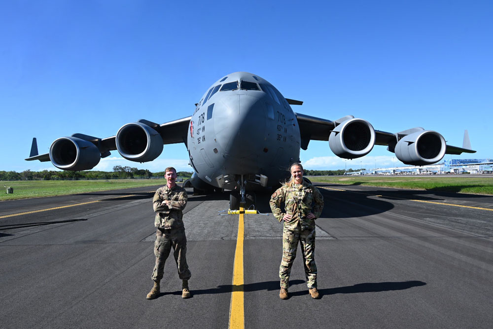 THE giant United States Air Force C-17 Globemaster has been the talk of Cairns and a spectacular sight at the city’s airport over the past two weeks. Up to four of the aircraft have been stationed at the airfield as part of a multi-country exercise called Mobility Guardian 23. Two of the crew pictured are Technical Sergeant Colton Webster and Flight Lieutenant Brooke Duckworth