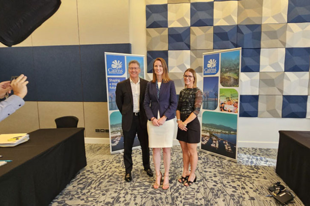 Cairns Regional Council CEO Ken Gouldthorp, Mayor Amy Eden and chief financial officer Lisa Whitton at the budget release. Picture: Nick Dalton