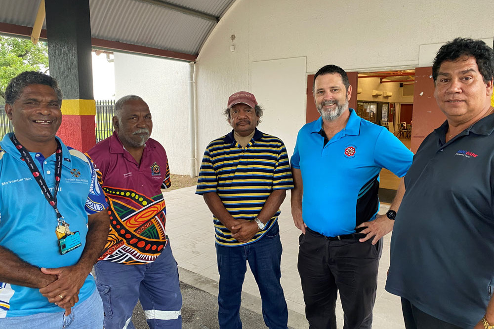 Yarrabah Men’s Shed proponents Darren Miller (Gurriny Yealamucka), Stephen Canendo (Yarrabah Aboriginal Shire Council), Brent Pearson, Robert Frisken (Wugu Nyambil) and Brian Connolly (Anglicare North Queensland). Picture: Supplied