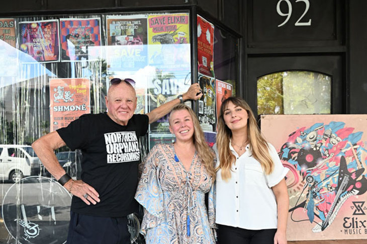 Elixir Music House founders Bill Shields, and Sky Rixon and marketing assistant and local musician Bryony Drake. Picture: Isabella Guzman Gonzalez