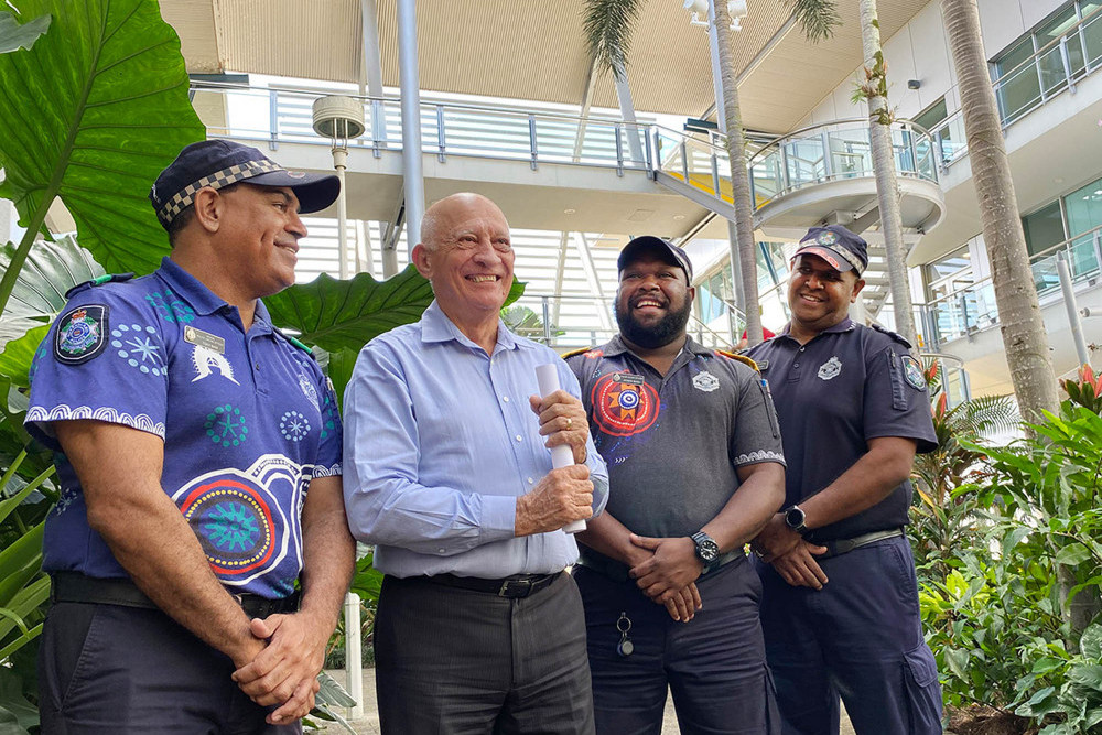 Cairns Mayor Bob Manning with Senior PLO Tony Bani, PLO Joseph Banu, and Acting Sergeant Chris Mosby.