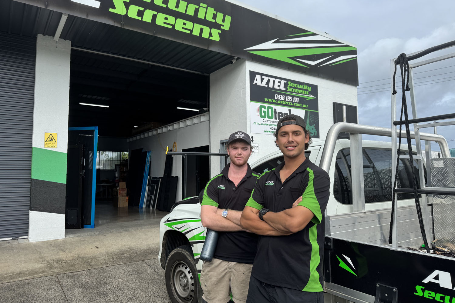 Aztec Security Screens installers Boyd Ryan and Jayden David. Pictures: Supplied