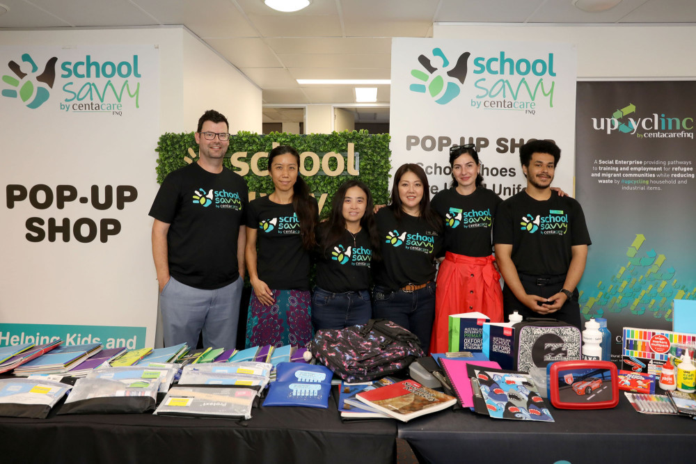 Centacare FNQ, School Savvy and Multicultural Services Team Leader Leigh Pollard, with Skilling Queenslanders for Work (SQW) School Savvy trainees Yumi Namba and Susanti Zetti, School Savvy Program Lead Kumi Millward, with SQW trainees Yana Nikolenko, and Enoch Austin at the School Savvy launch.