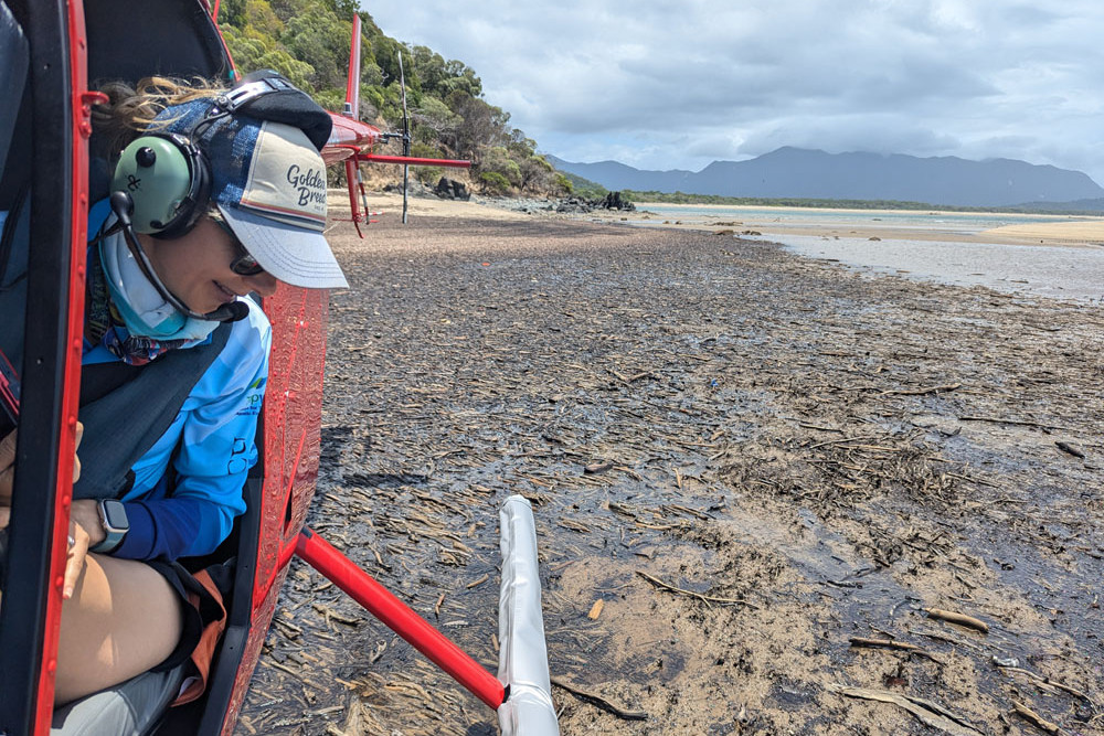 Dr Abbi Scott surveys the cyclone damage from a helicopter. Pictures: James Cook University